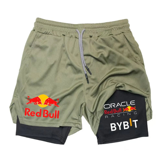 New Men's 2-in-1 Red Bull Sports Shorts Breathable Casual