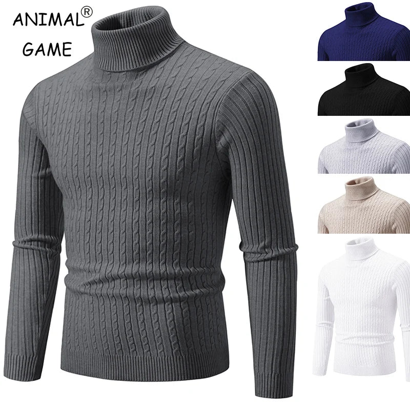 New Men's High Neck Sweater Solid Color Pullover Knitted Warm Casual Turtleneck