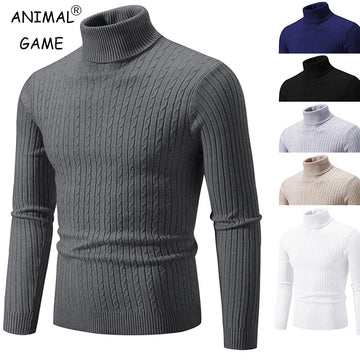 New Men's High Neck Sweater Solid Color Pullover Knitted Warm Casual Turtleneck