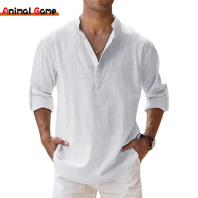 New Cotton Linen Shirts for Men Casual Shirts Lightweight Long Sleeve Henley Beach Shirts
