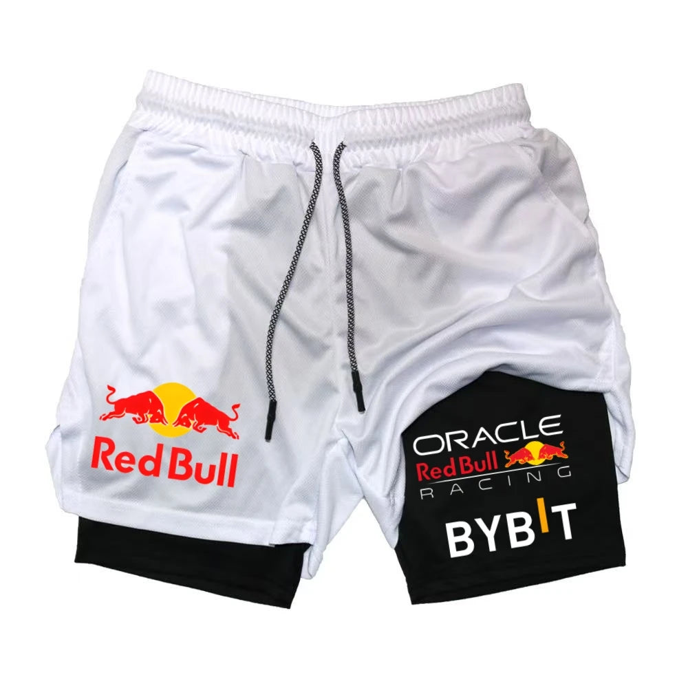 New Men's 2-in-1 Red Bull Sports Shorts Breathable Casual