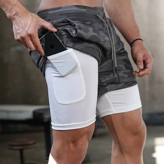 Men's camo running shorts gym sports shorts 2-in-1 quick-dry workout