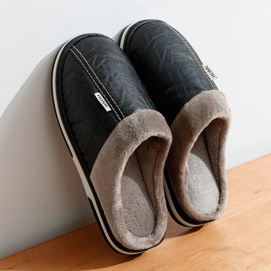 PU Leather Big Sizes Men slippers Indoor Waterproof Fur Flat Men's Winter Home