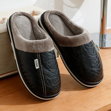 PU Leather Big Sizes Men slippers Indoor Waterproof Fur Flat Men's Winter Home